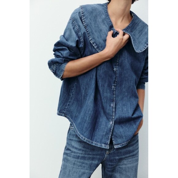 Zara Trf Denim Shirt With Bib Collar - S - Picture 3 of 12